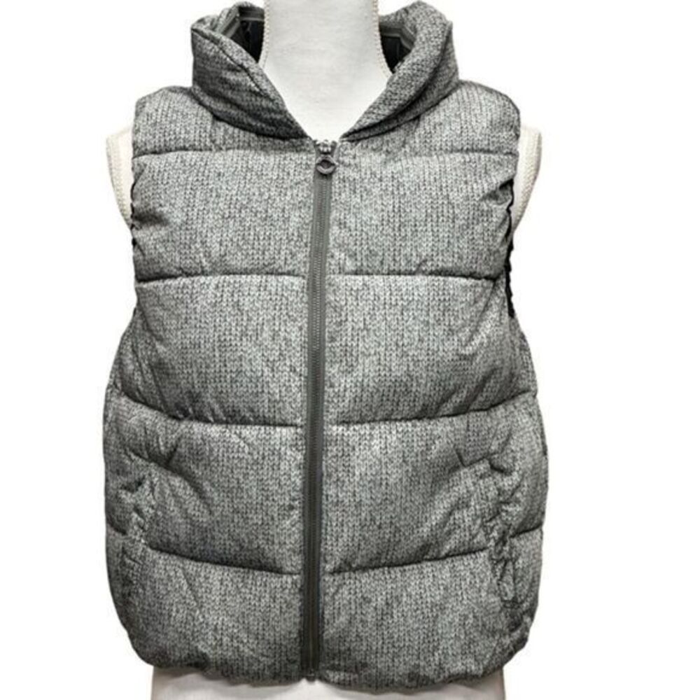 Calvin Klein Water Repellent Puffy Gray Vest Size S/M Faux Knit Design Zip Hood